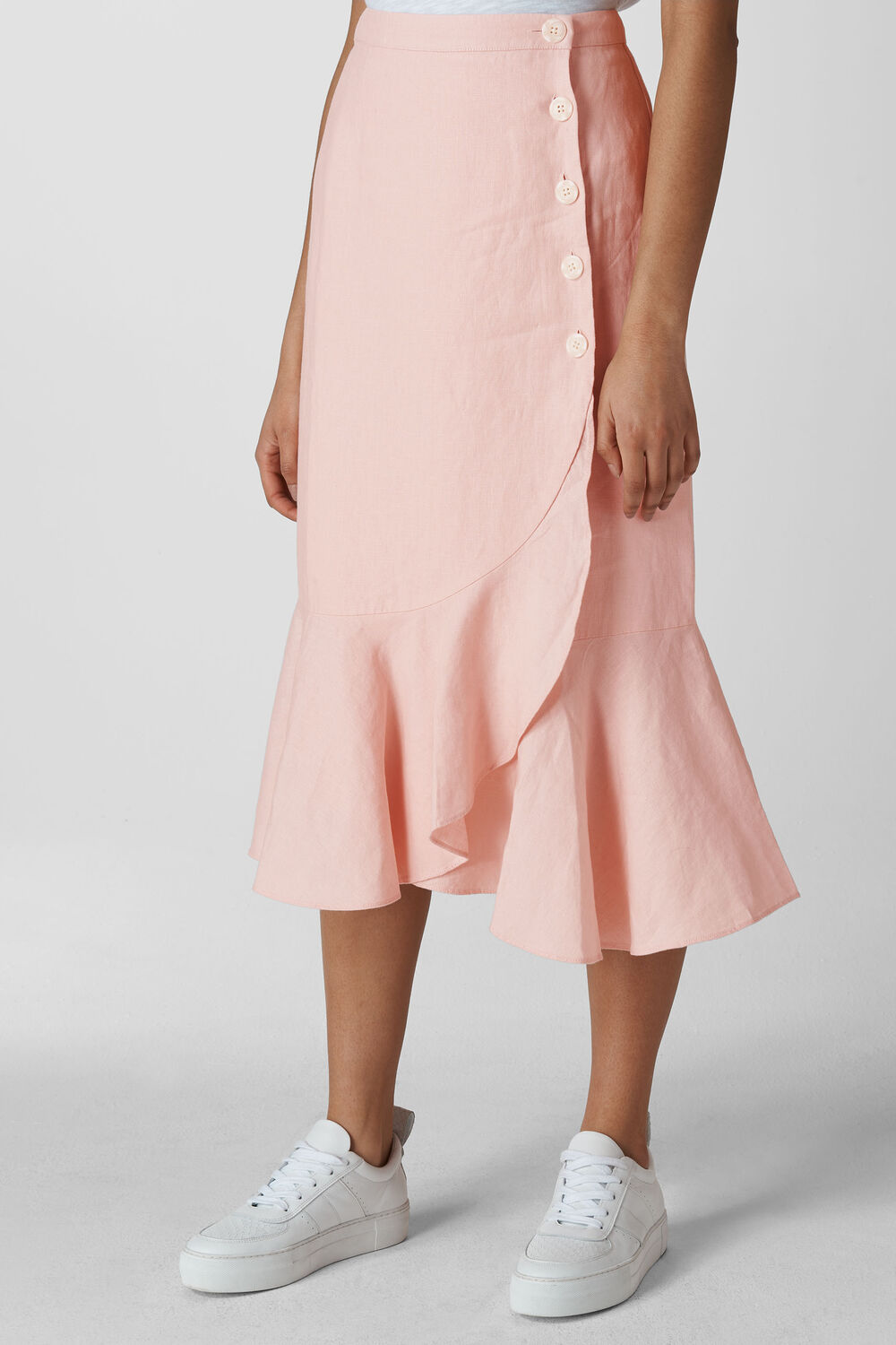 Linen Button Frill Skirt Pale Pink