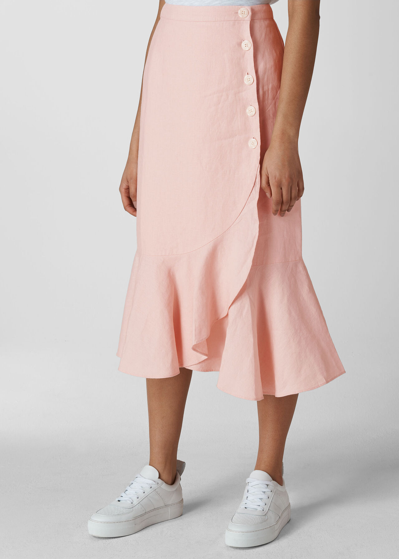 Linen Button Frill Skirt Pale Pink