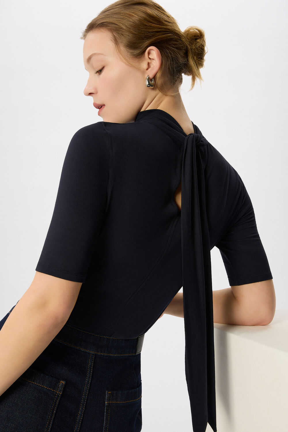 Navy Tie Neck Detail Top