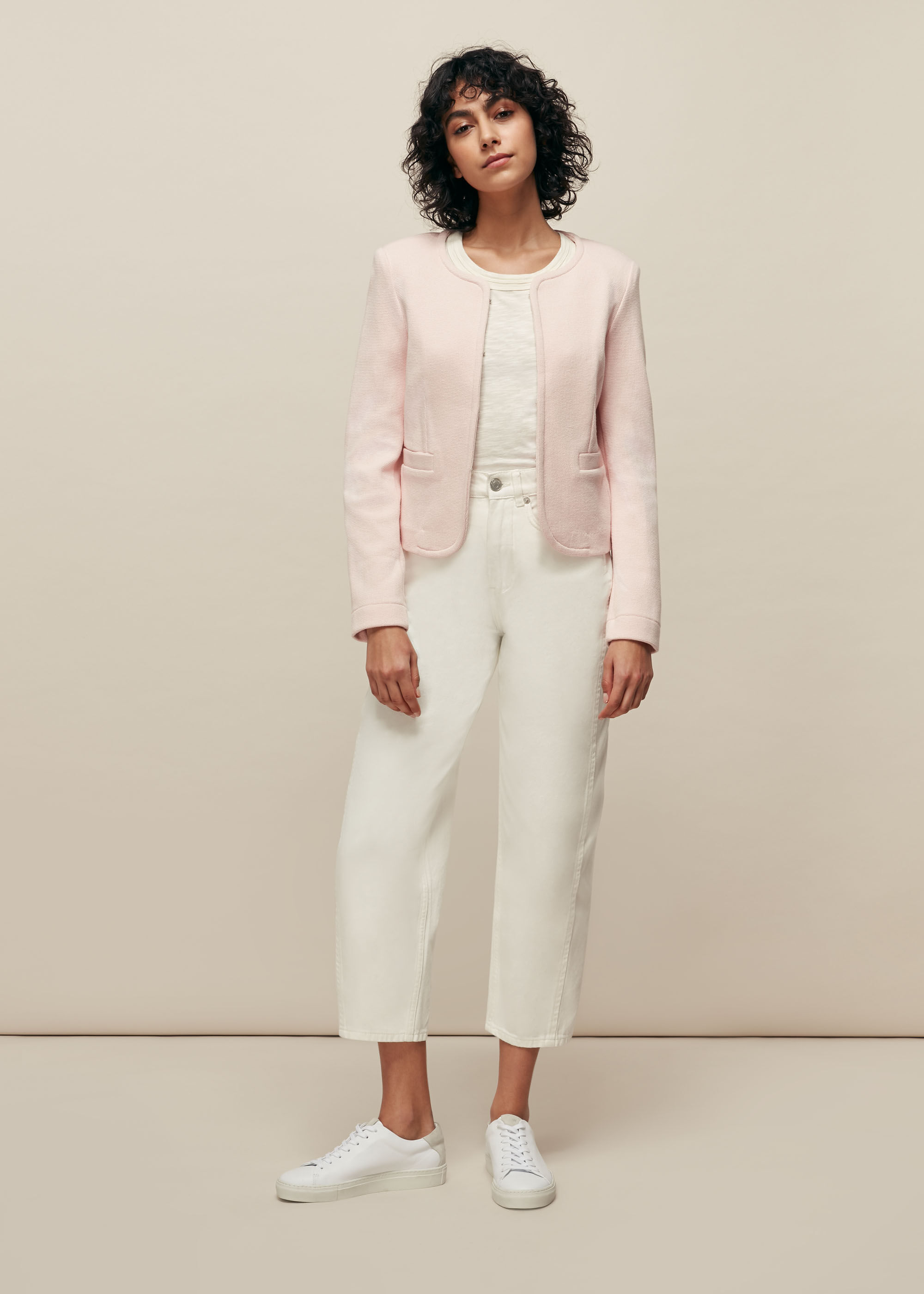 AMERI DRY TWILL COLLARLESS JACKET ピンクxs Pale Pink Collarless Jersey Jacket | WHISTLES | Whistles US |