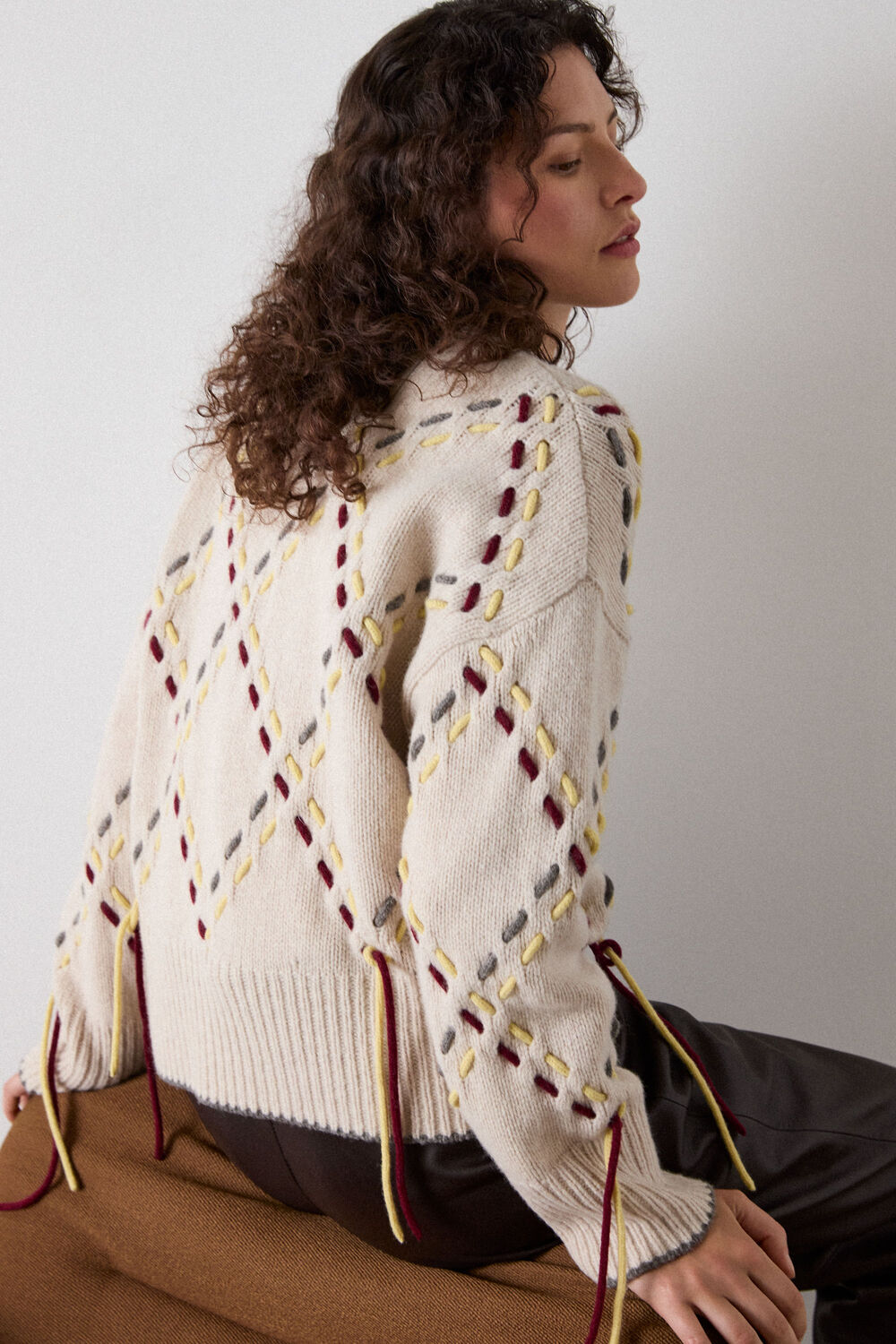 Ivory Fringed Argyle Check Knit