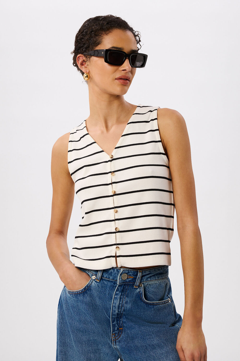 Black & White Stripe Button Front Tank