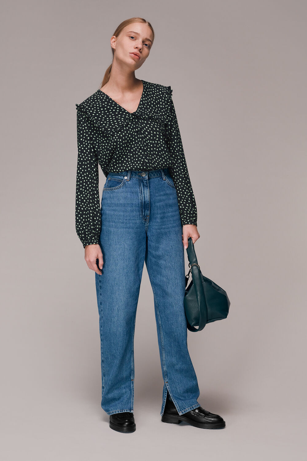 Black Stamp Spot Collar Top