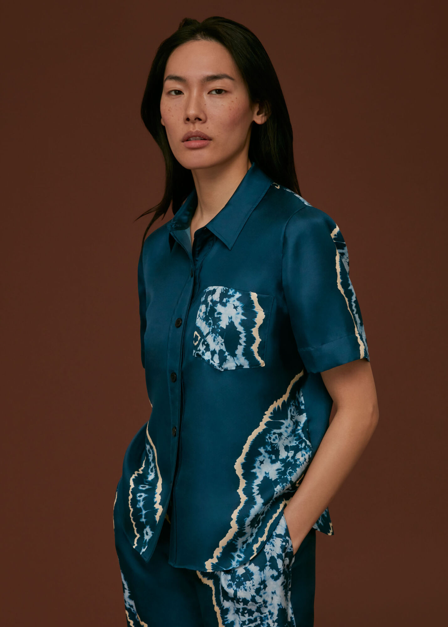 Blue Tie Dye Print Satin Shirt