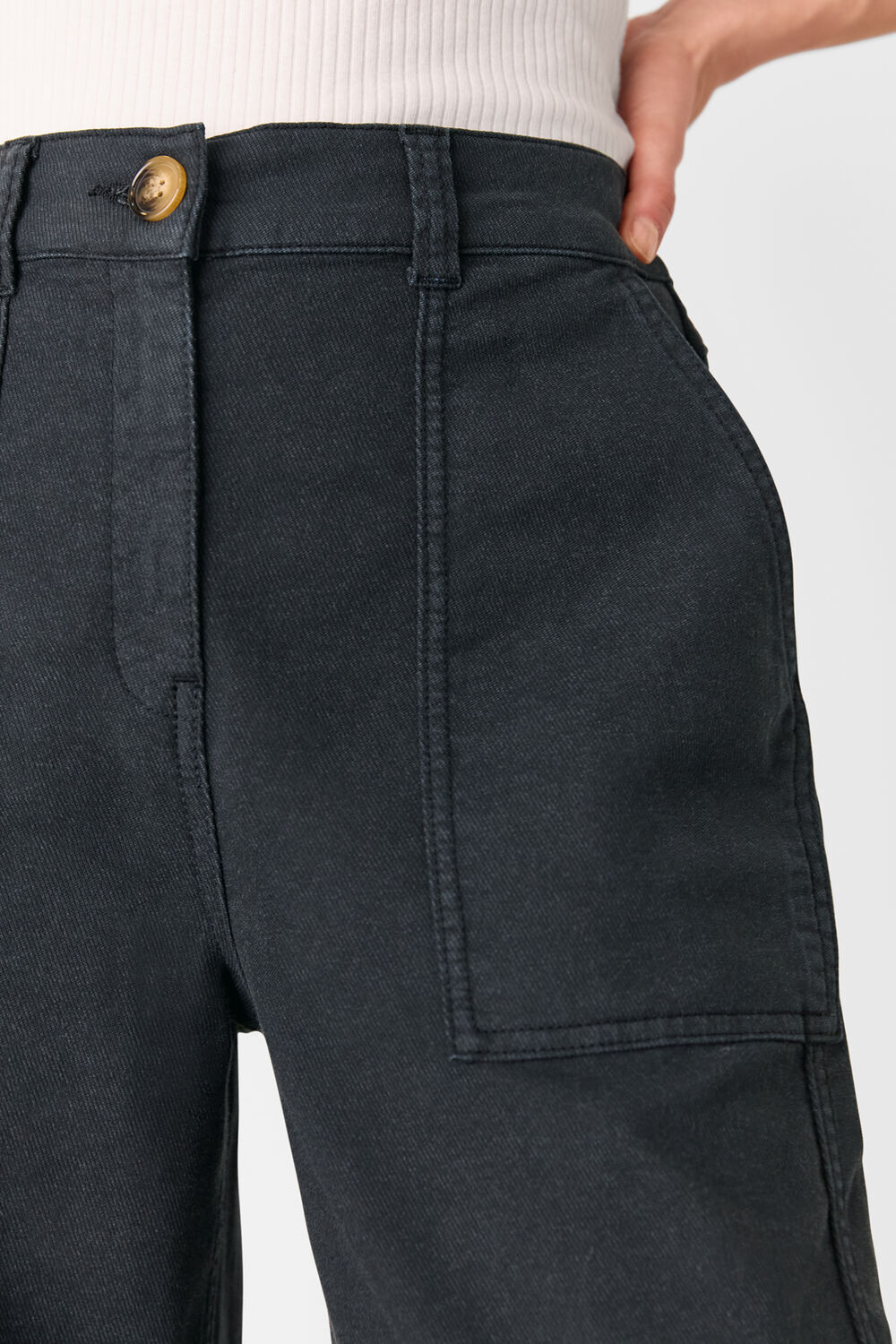 Washed Black Cotton Wide Leg Trouser