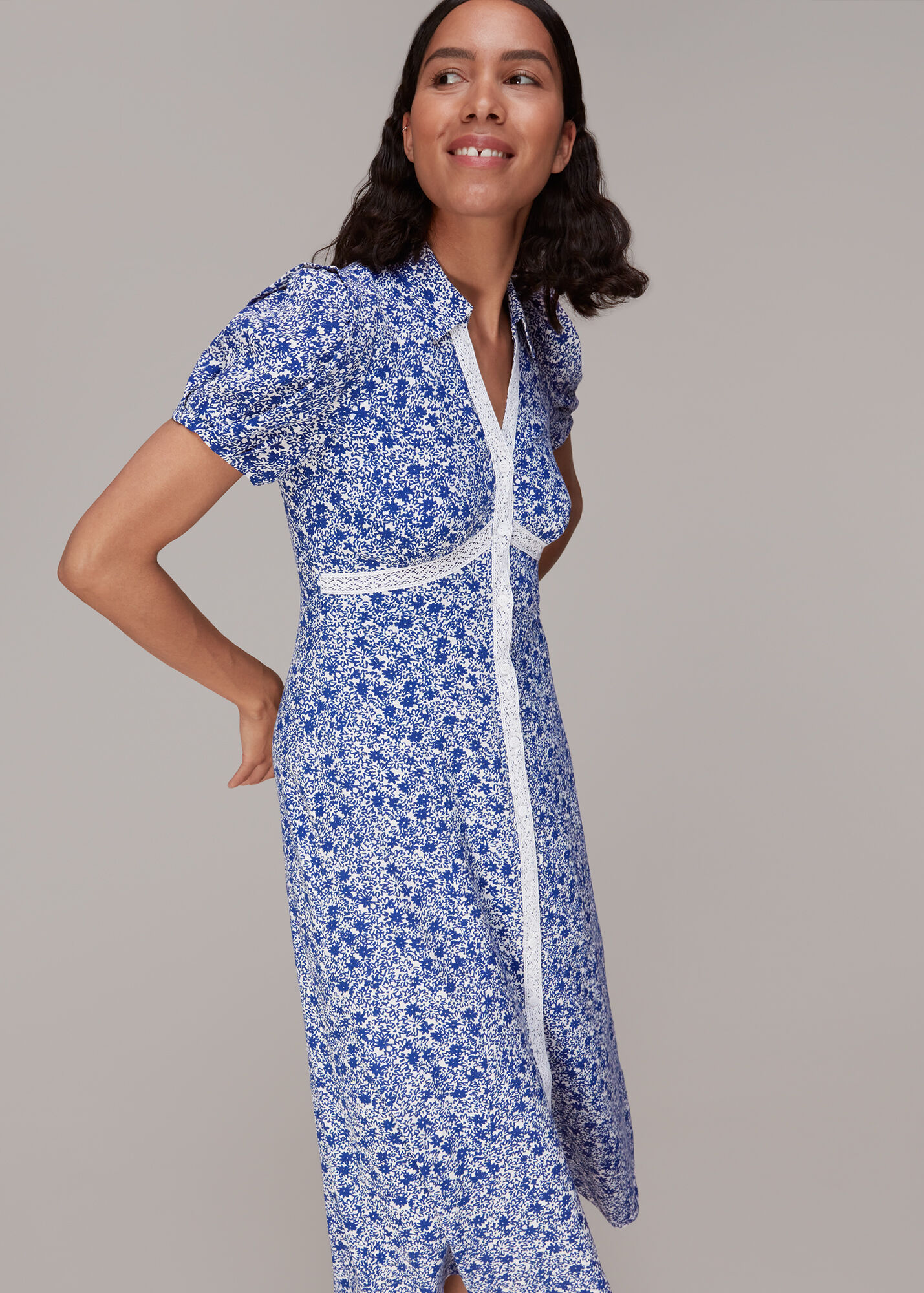 Blue/Multi Twin Daisy Print Midi Dress | WHISTLES