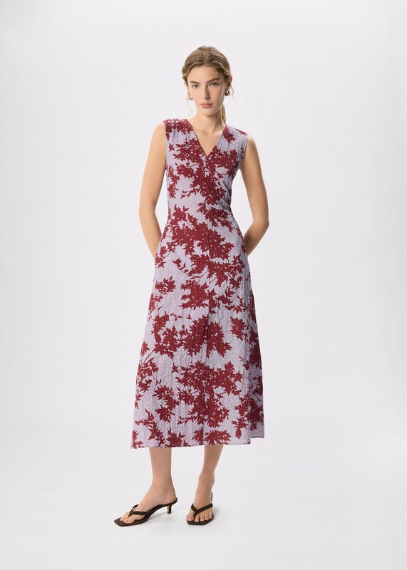 Purple Floral V Neck Textured Dress