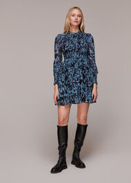 Blue/Multi Wood Tiger Shirred Dress | WHISTLES | Whistles UK