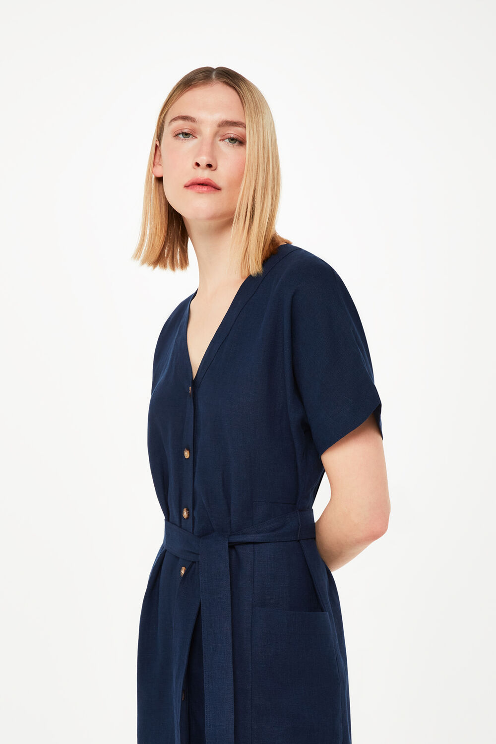 Navy Linen Belted Midi Dress
