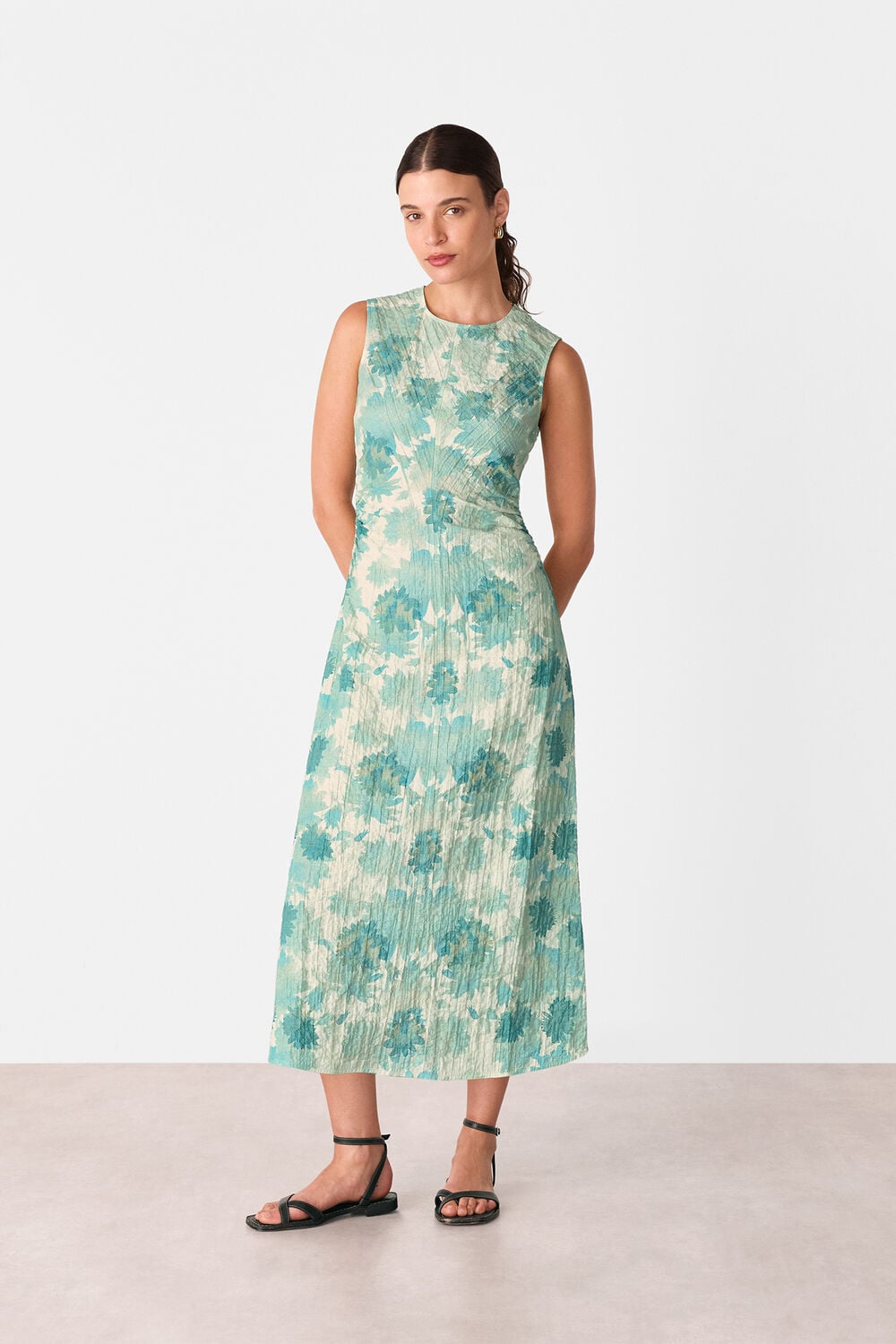 Blue Floral Textured Midi Dress