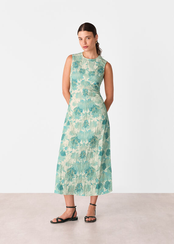 Blue Floral Textured Midi Dress