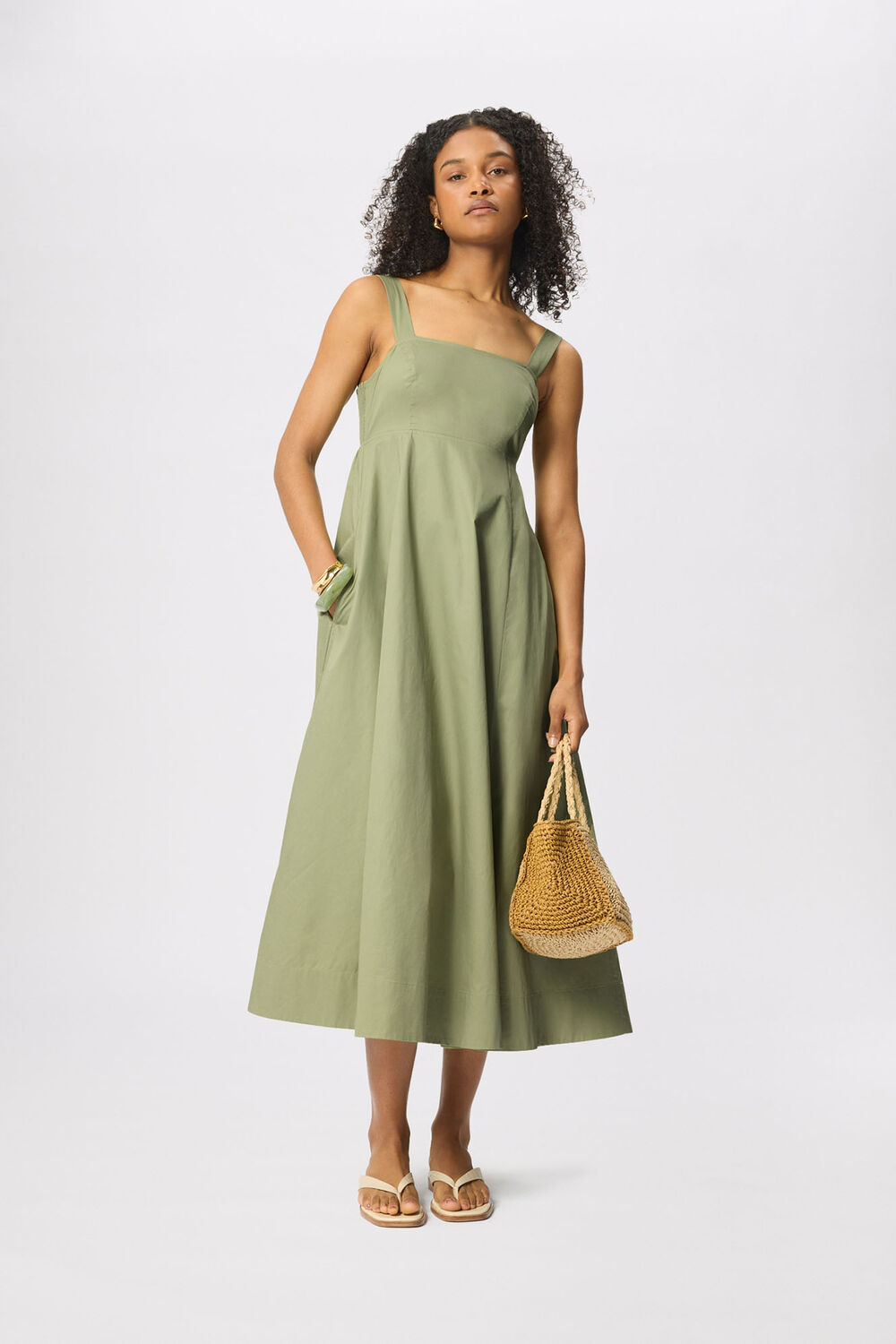 Khaki Cotton Midi Strappy Dress