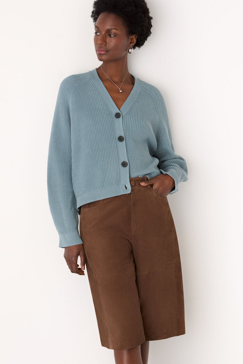 Blue V Neck Cotton Cardigan