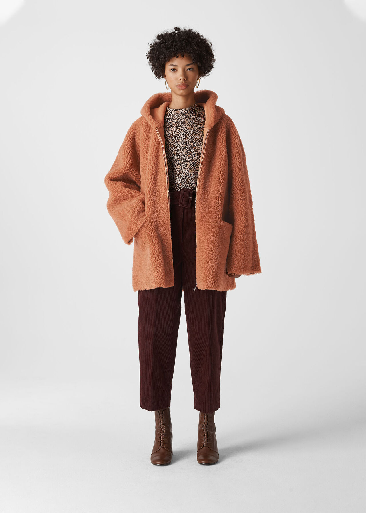 Hooded Shearling Coat Pink