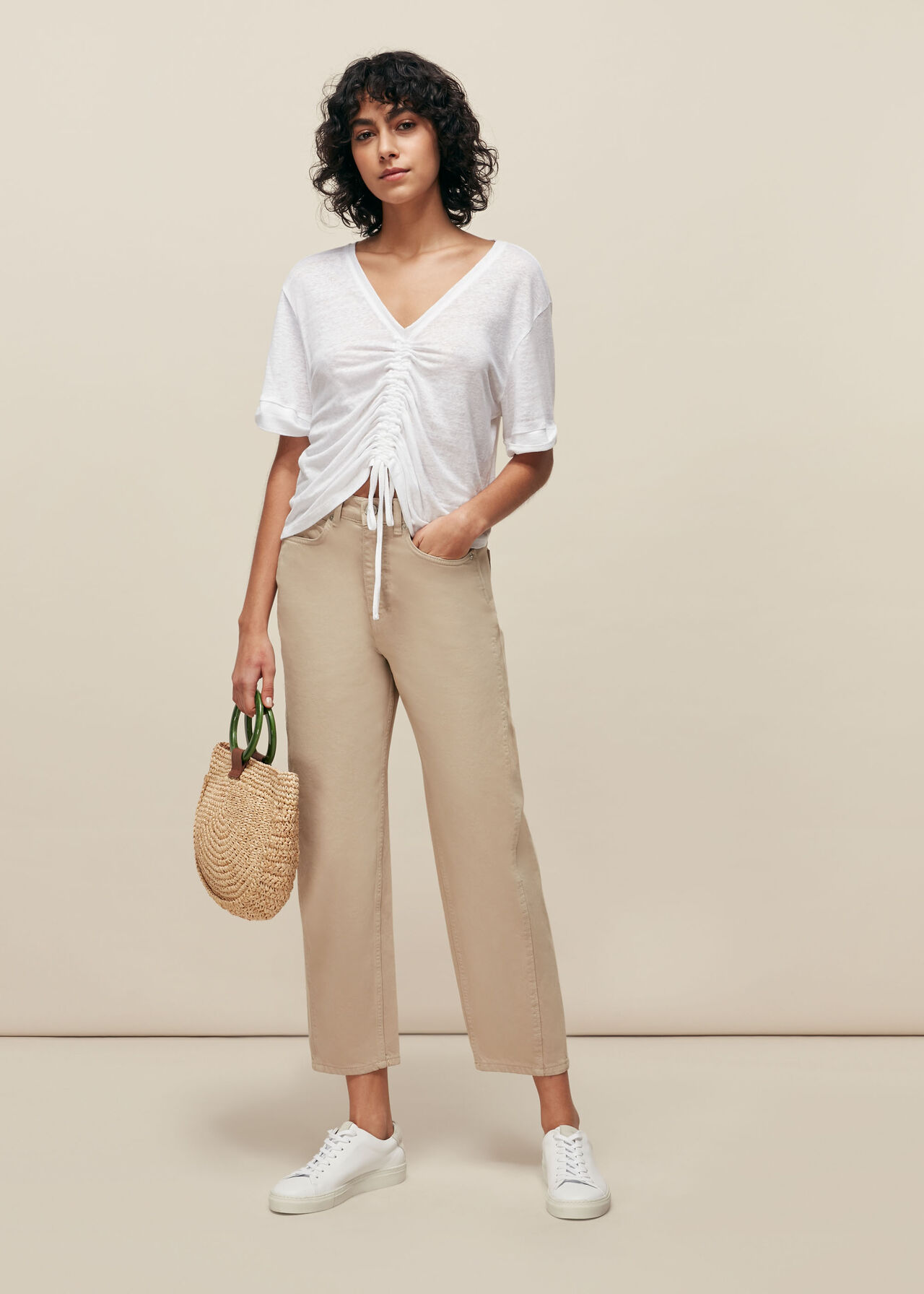 Drawstring Tie Linen Top White