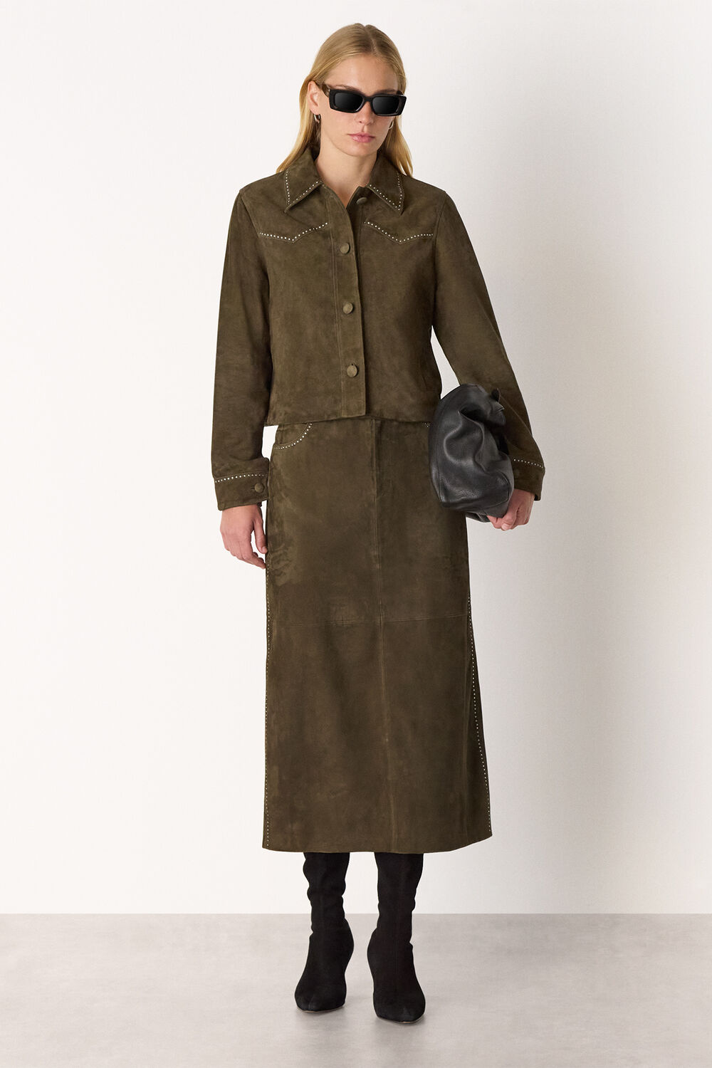 Olive Suede Studded Column Skirt