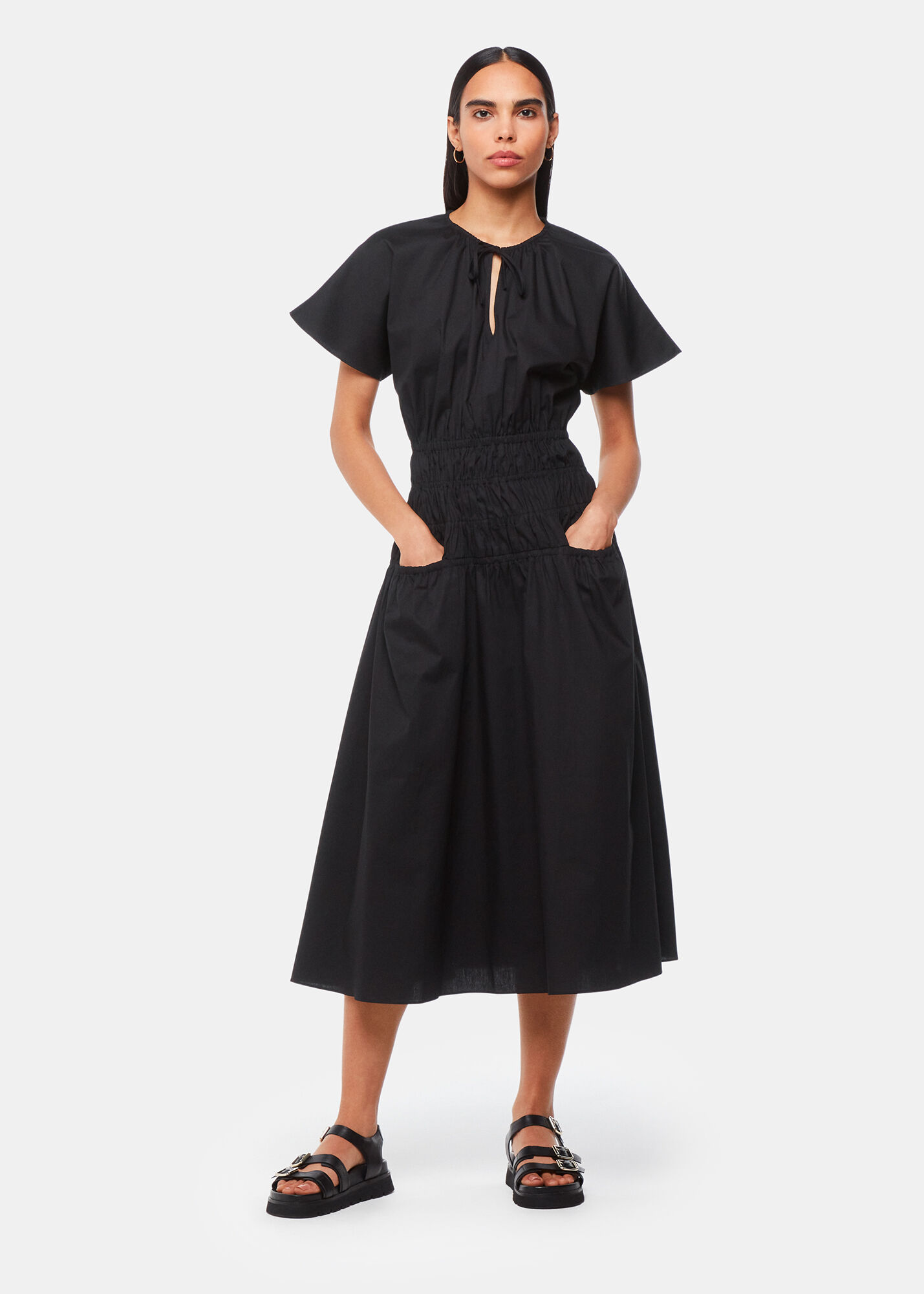 Black Poplin Shirred Dress WHISTLES Whistles UK