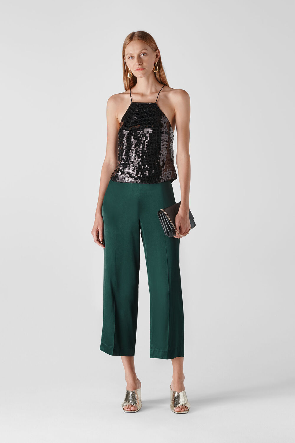 Satin Cropped Trouser Dark Green