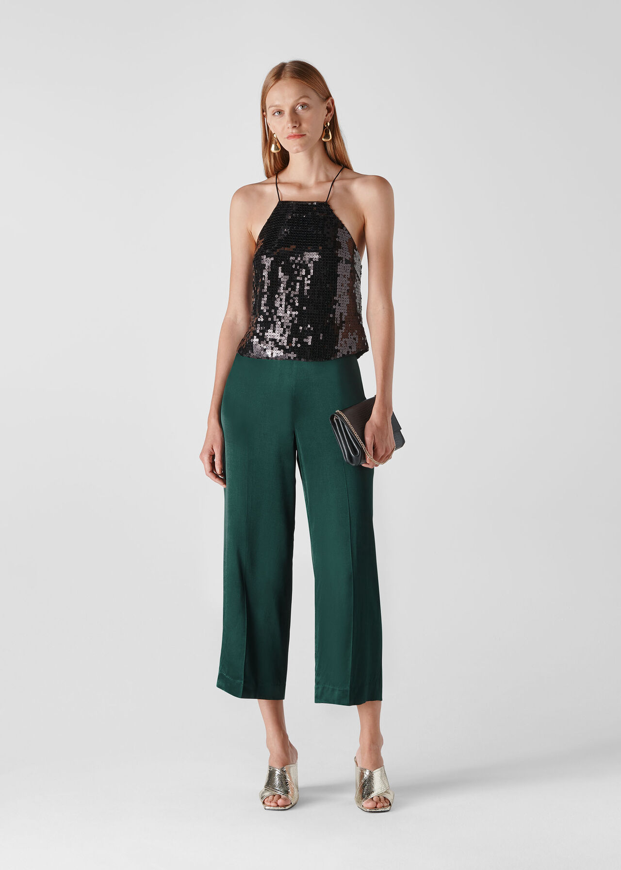 Satin Cropped Trouser Dark Green