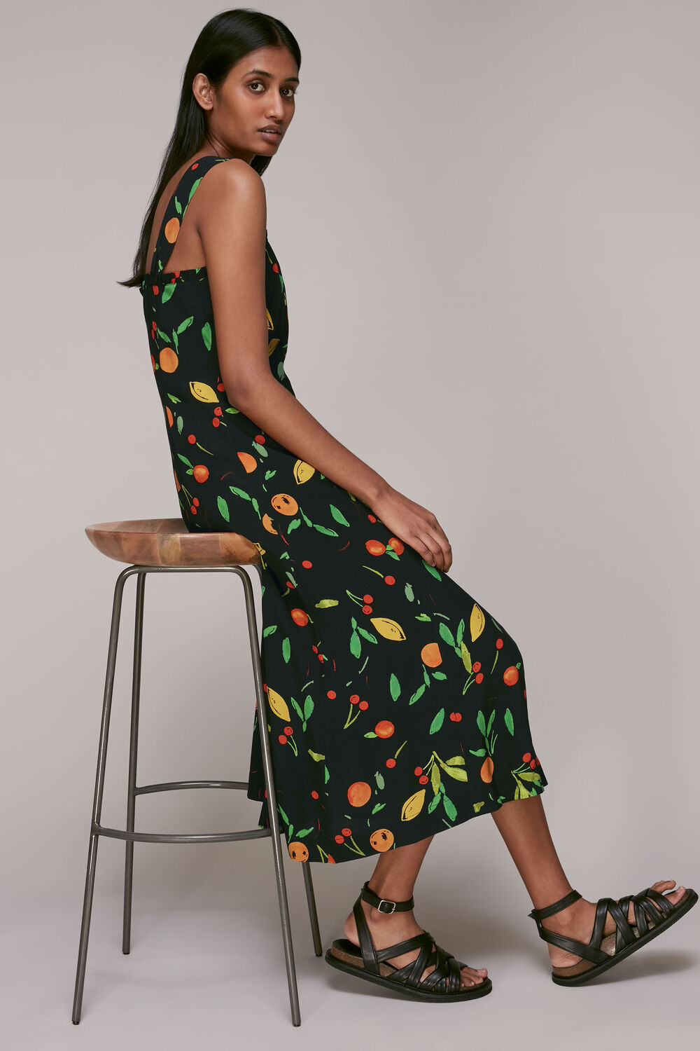 Black Fruit Print Frill Dress