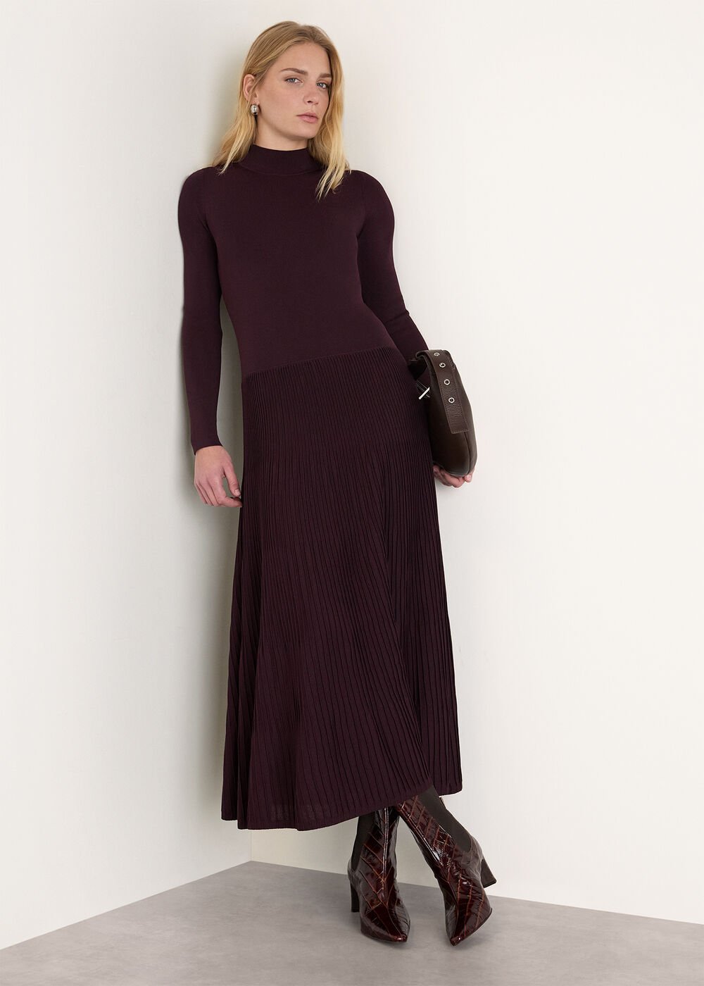 Funnel Neck Pleated Knit Dress
