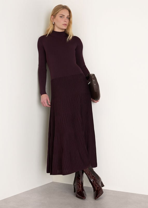 Plum Funnel Neck Pleated Knit Dress