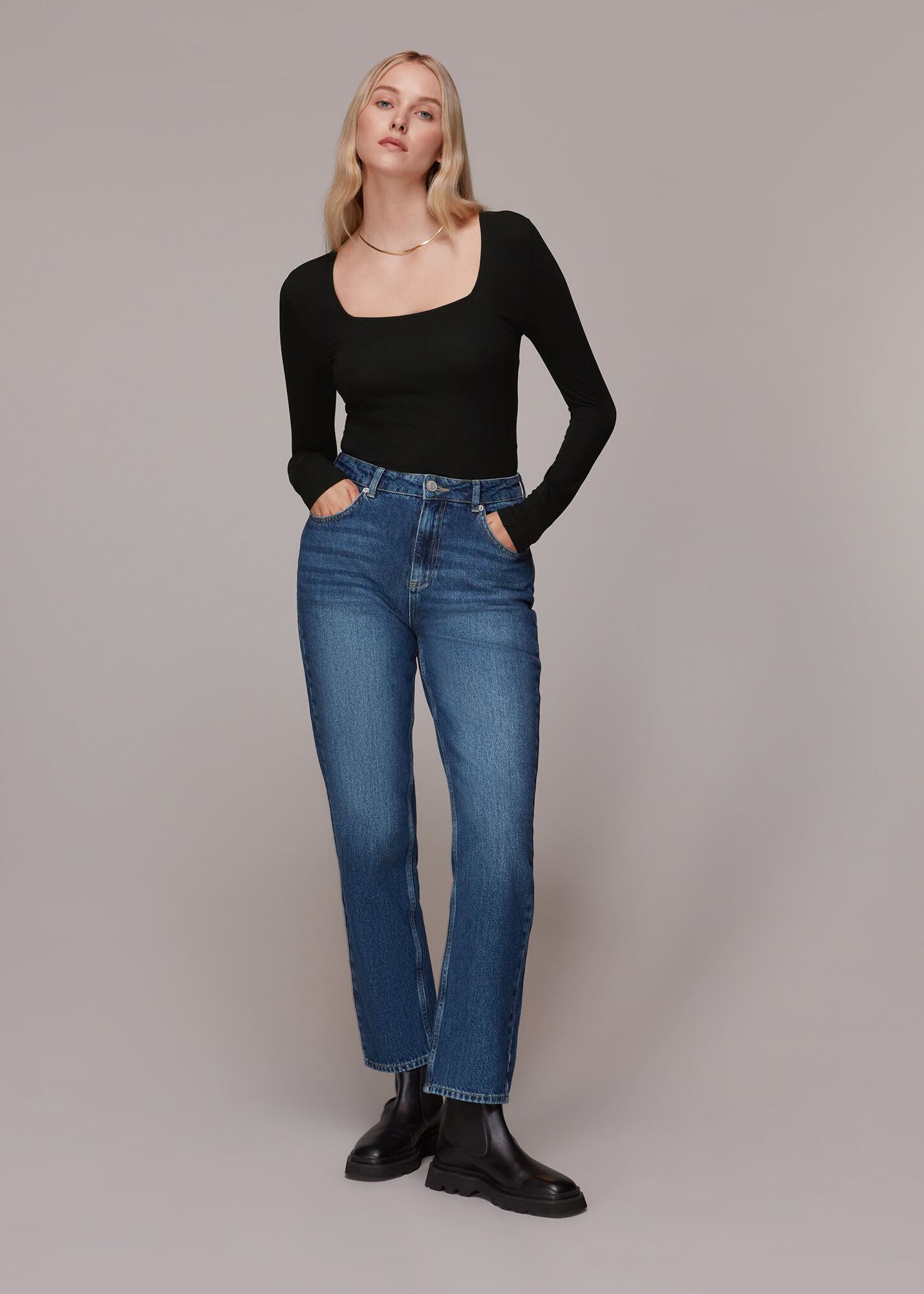 Black Square Neck Long Sleeve Top | WHISTLES | Whistles US |