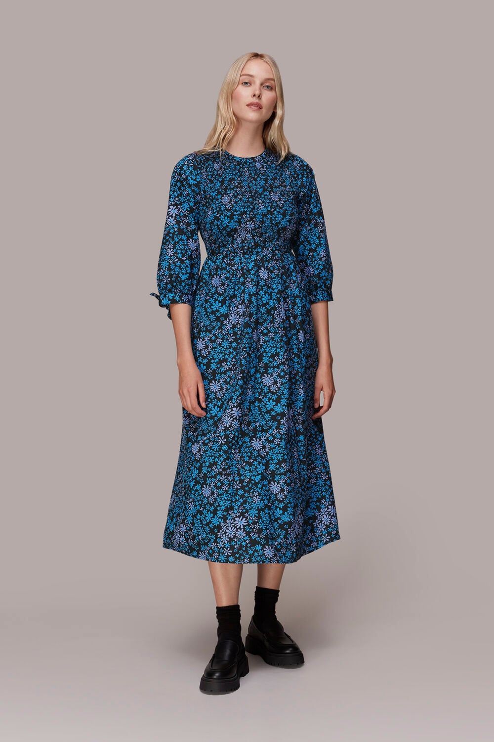 Blue Boho Floral Shirred Dress