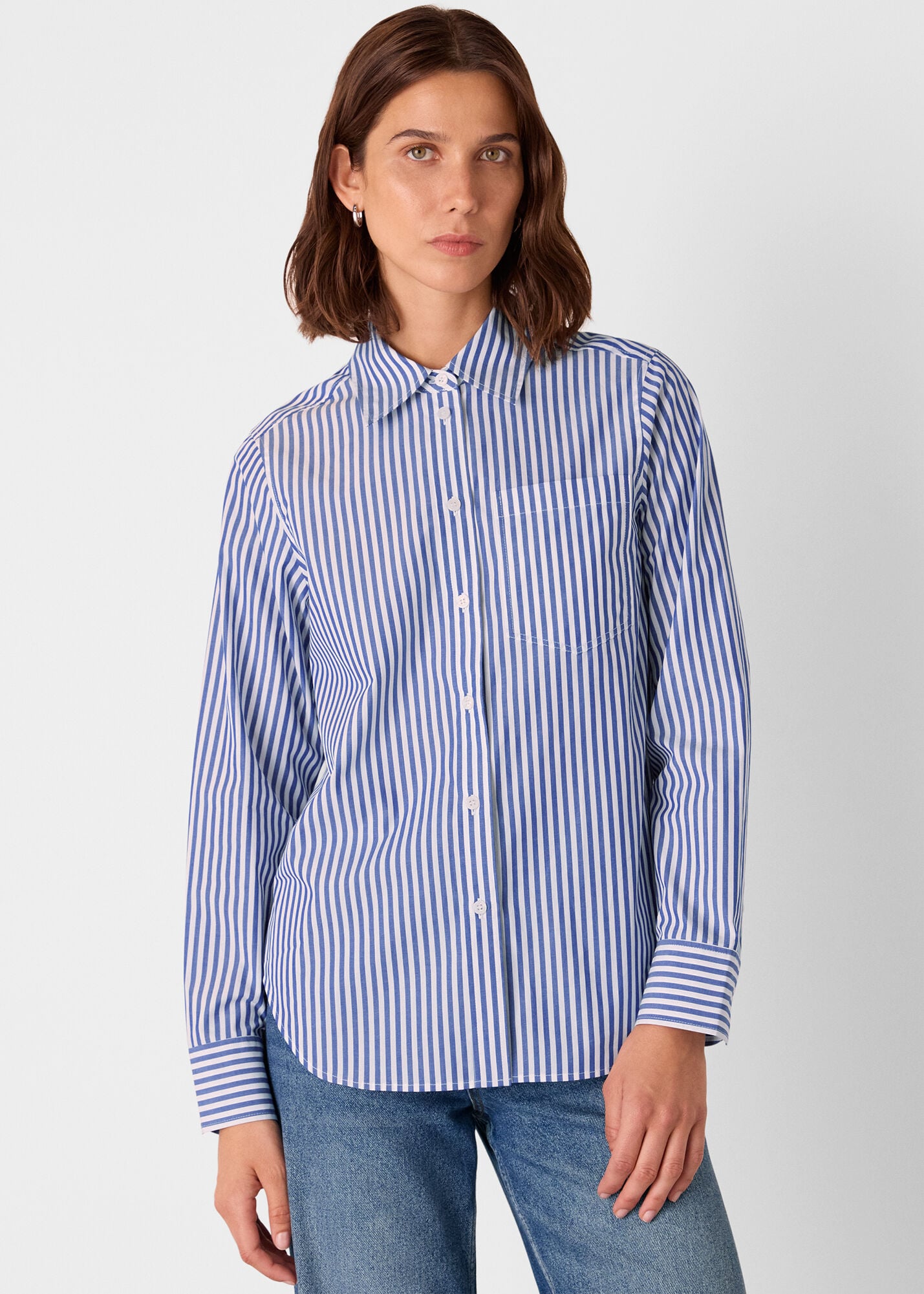 Blue/White Relaxed Fit Stripe Shirt | WHISTLES | Whistles US |