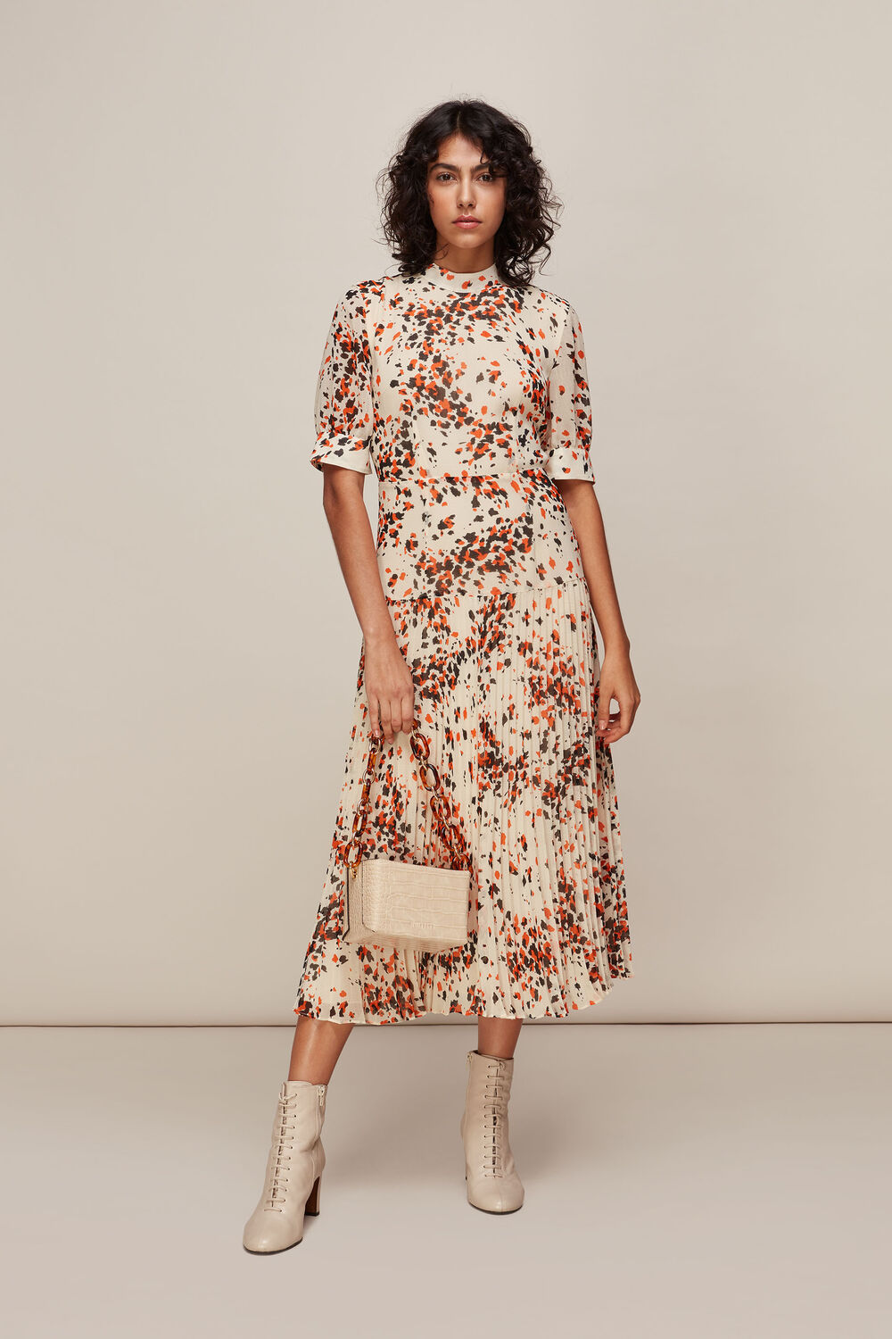 Mottled Animal Pleated Dress Orange/Multi