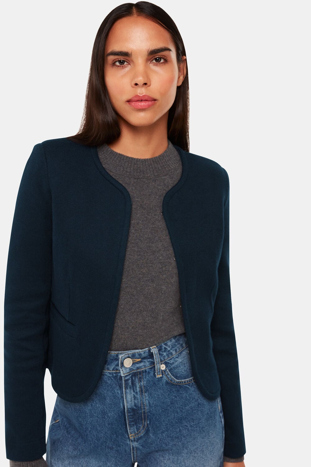 Navy Collarless Jersey Jacket