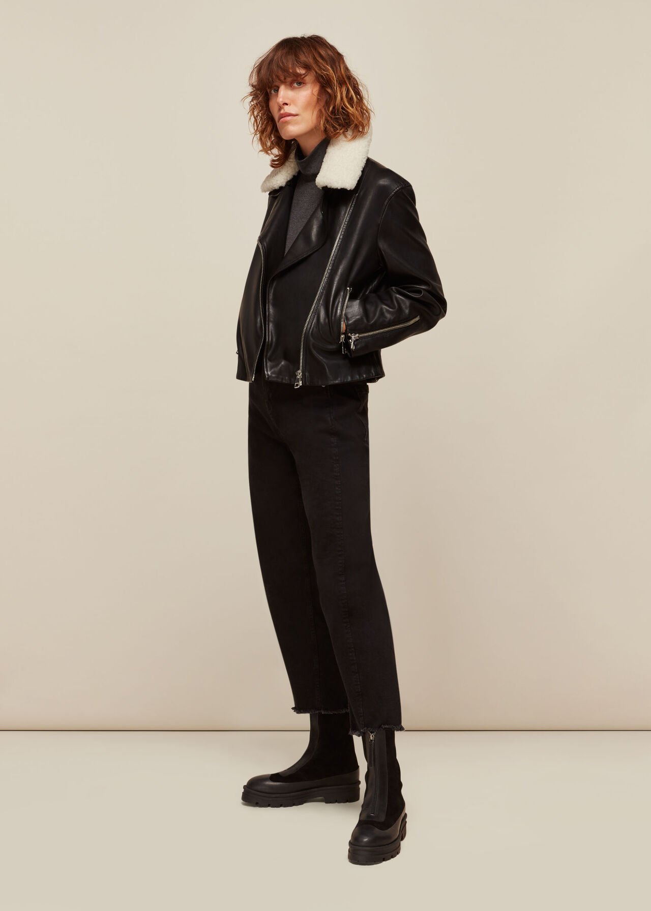 Borg Collar Leather Jacket Black