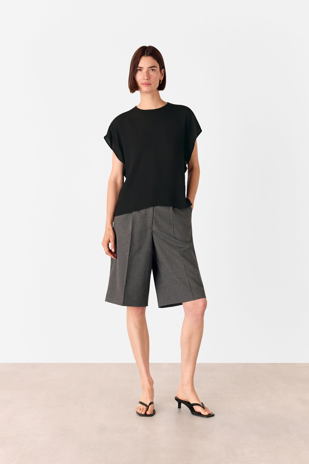 Black Short Sleeve Crepe Shell Top