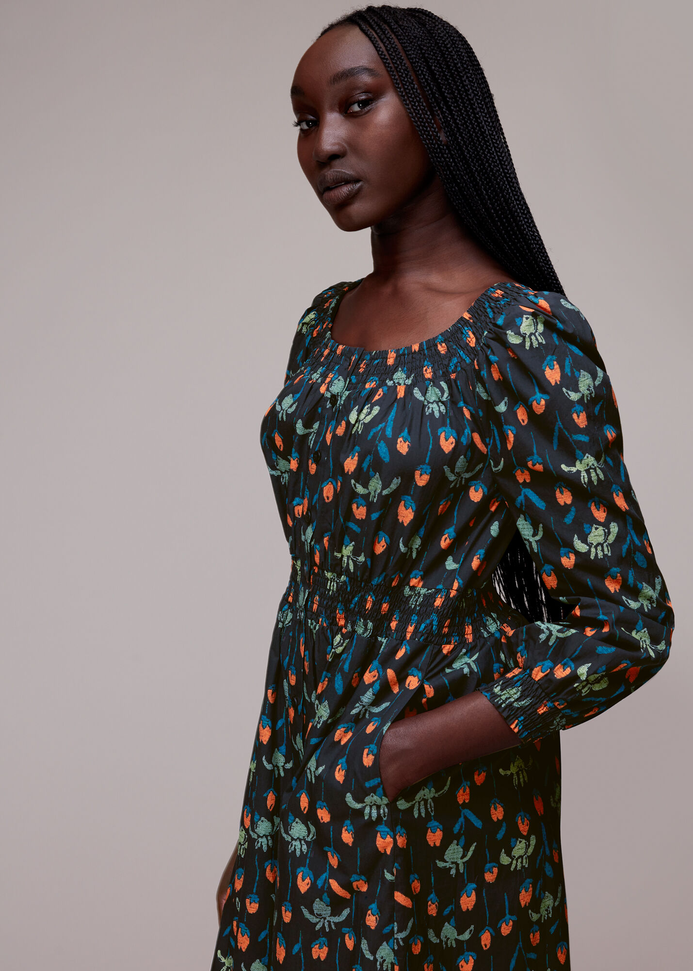 Black Multi Tulips Print Poplin Midi Dress WHISTLES