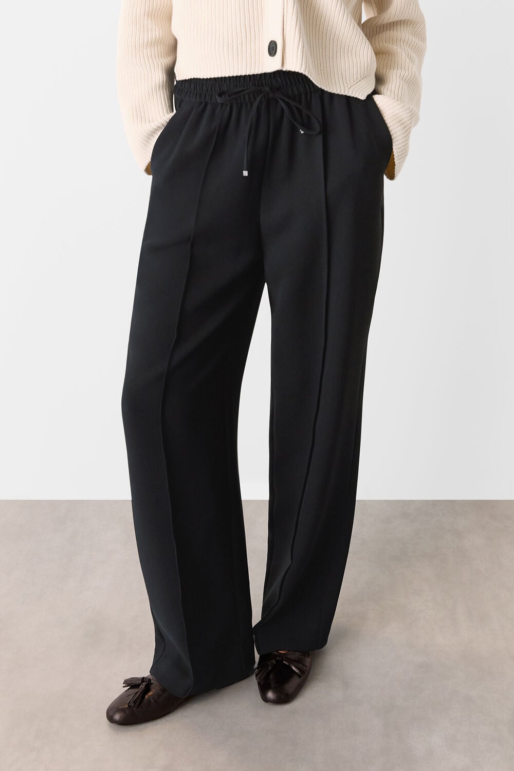 Black Drawstring Waist Crepe Trouser