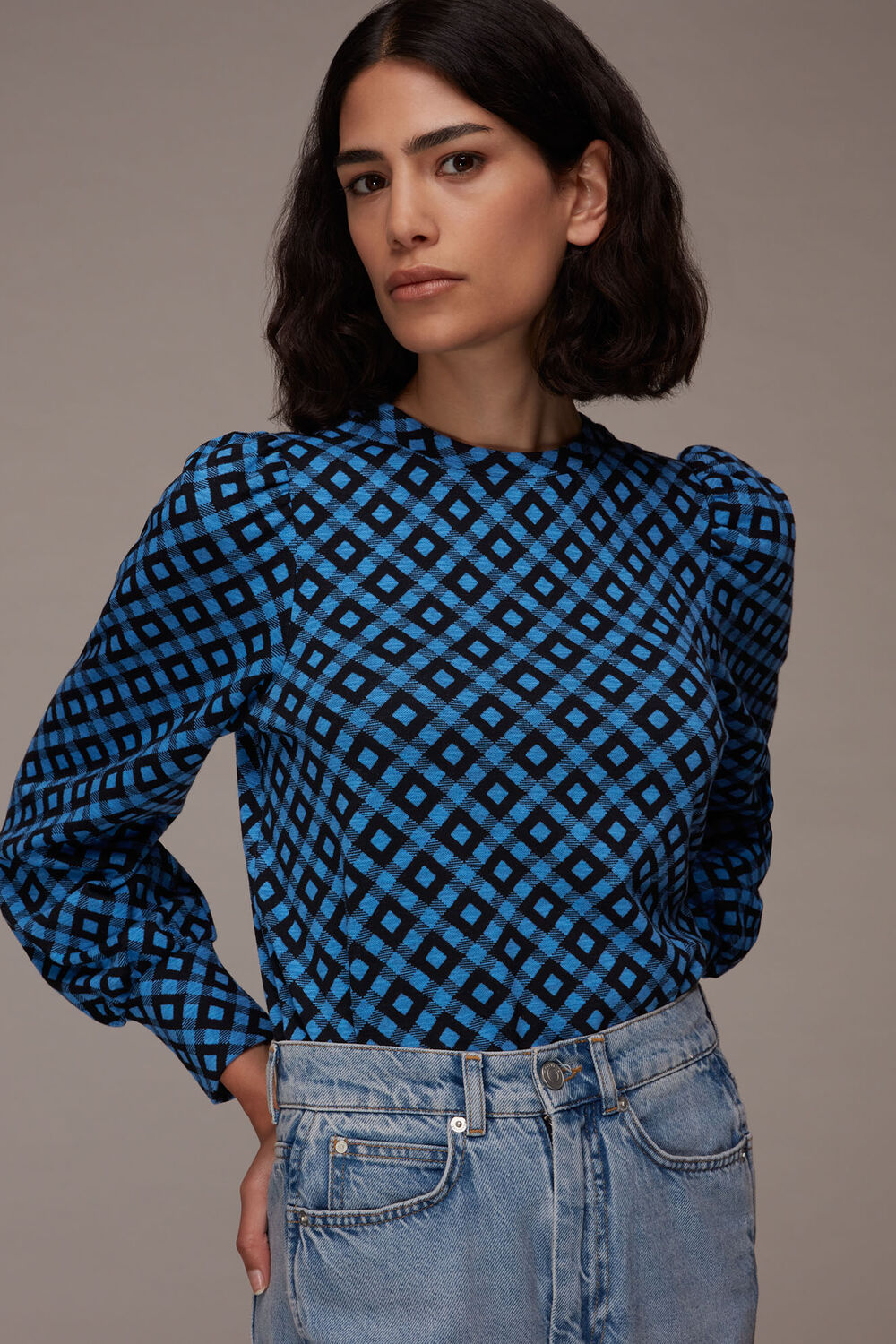 Jacquard Puff Sleeve Check Top