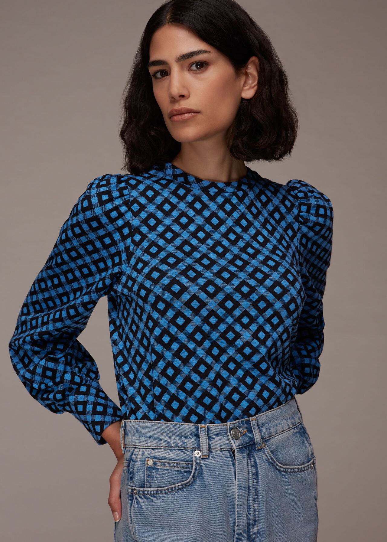 Jacquard Puff Sleeve Check Top