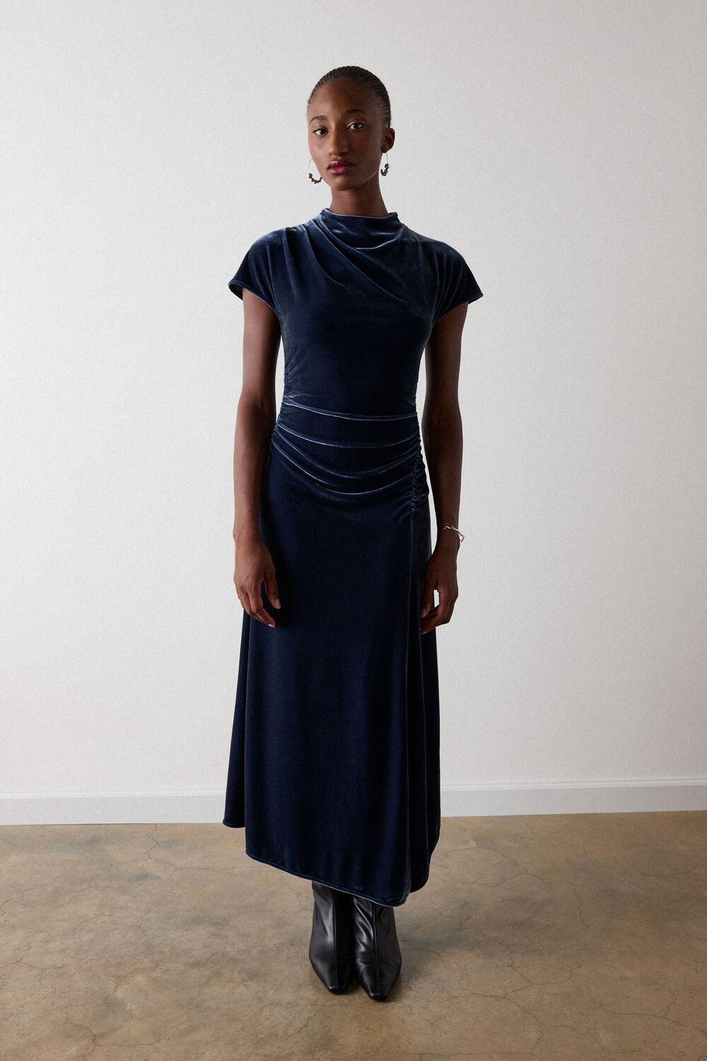 Navy Velvet Ruched Midi Dress