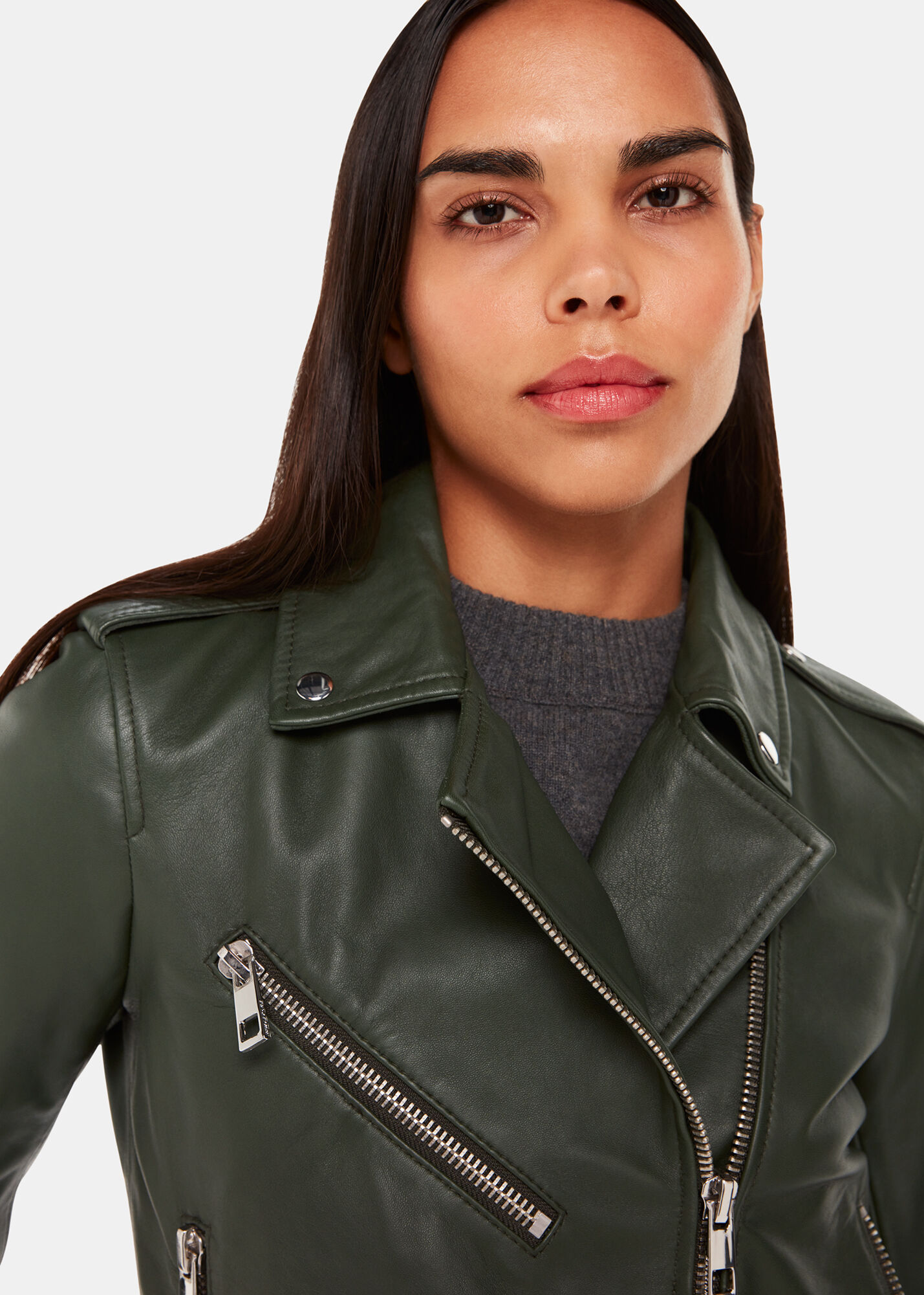 Dark Green Agnes Pocket Leather Jacket