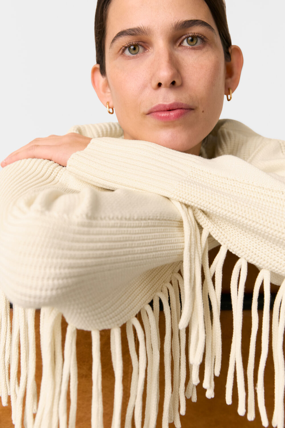 Ivory Fringed Rib Detail Sweater