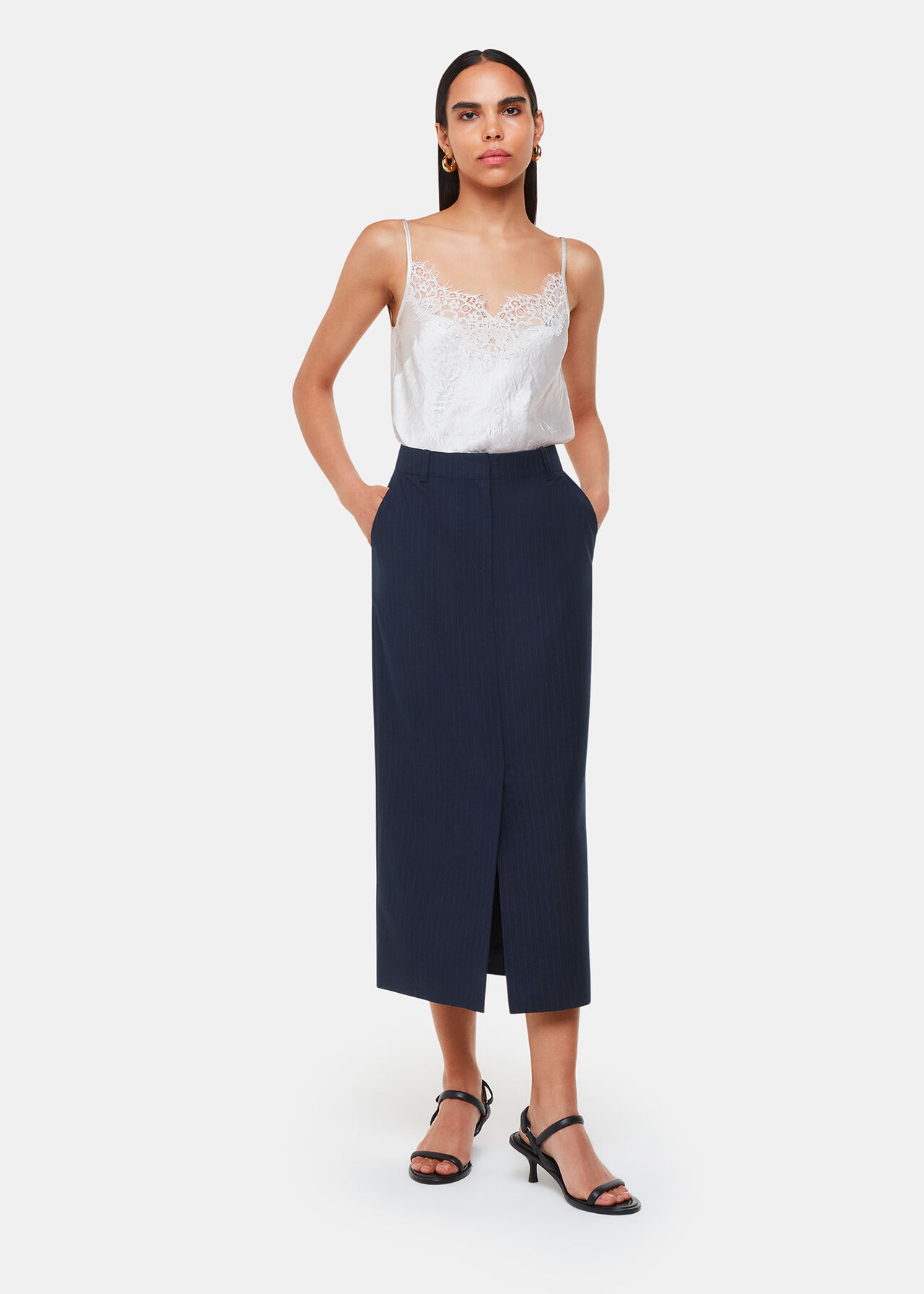Pinstripe Tailored Midi Skirt