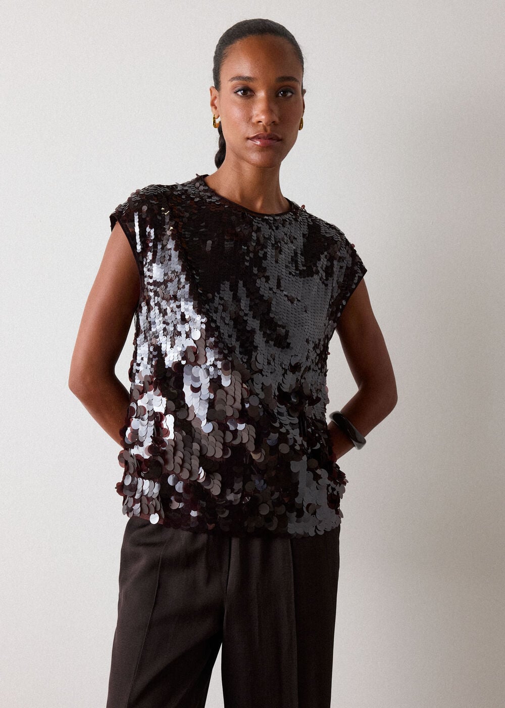 Chocolate Degrade Sequin Cap Sleeve Top