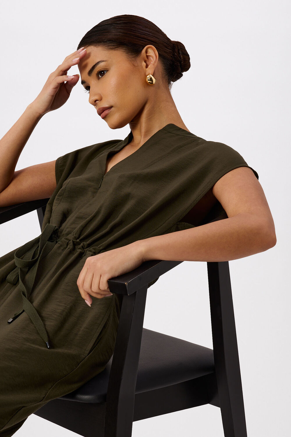 Khaki Petite Sleeveless Drawstring Jumpsuit