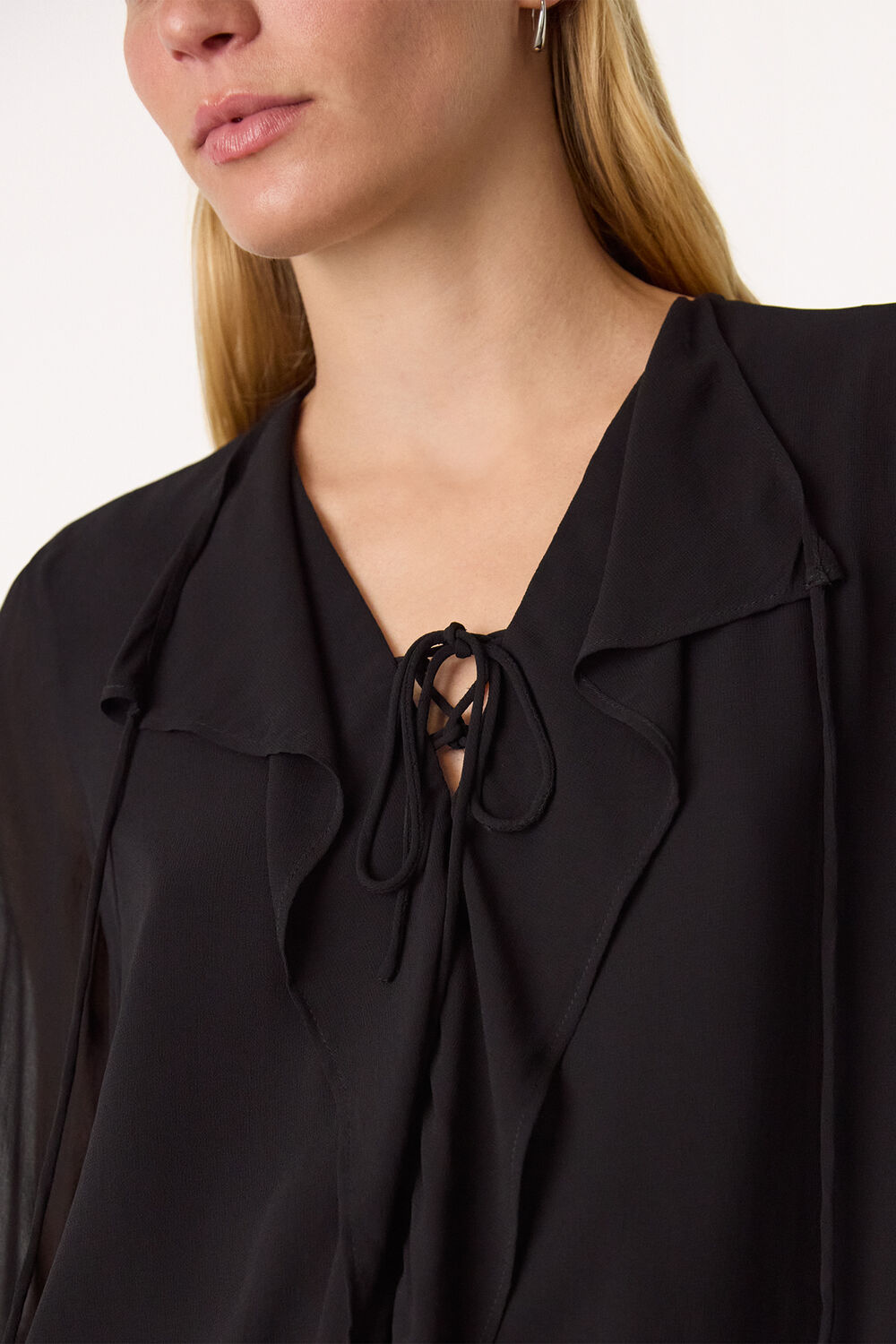 Black Sheer V Neck Frill Blouse