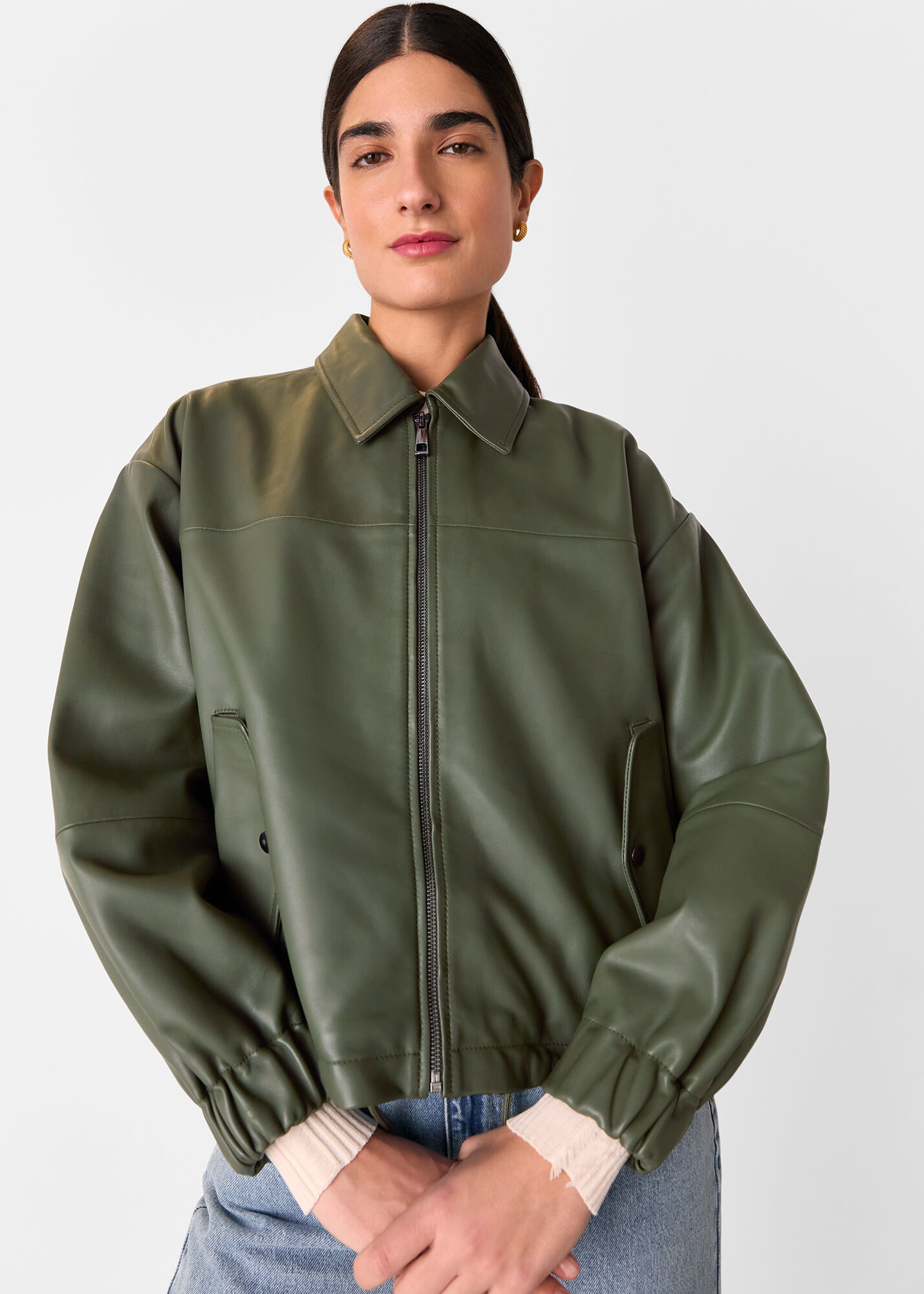 Khaki Frida Leather Bomber Jacket | WHISTLES | Whistles US |