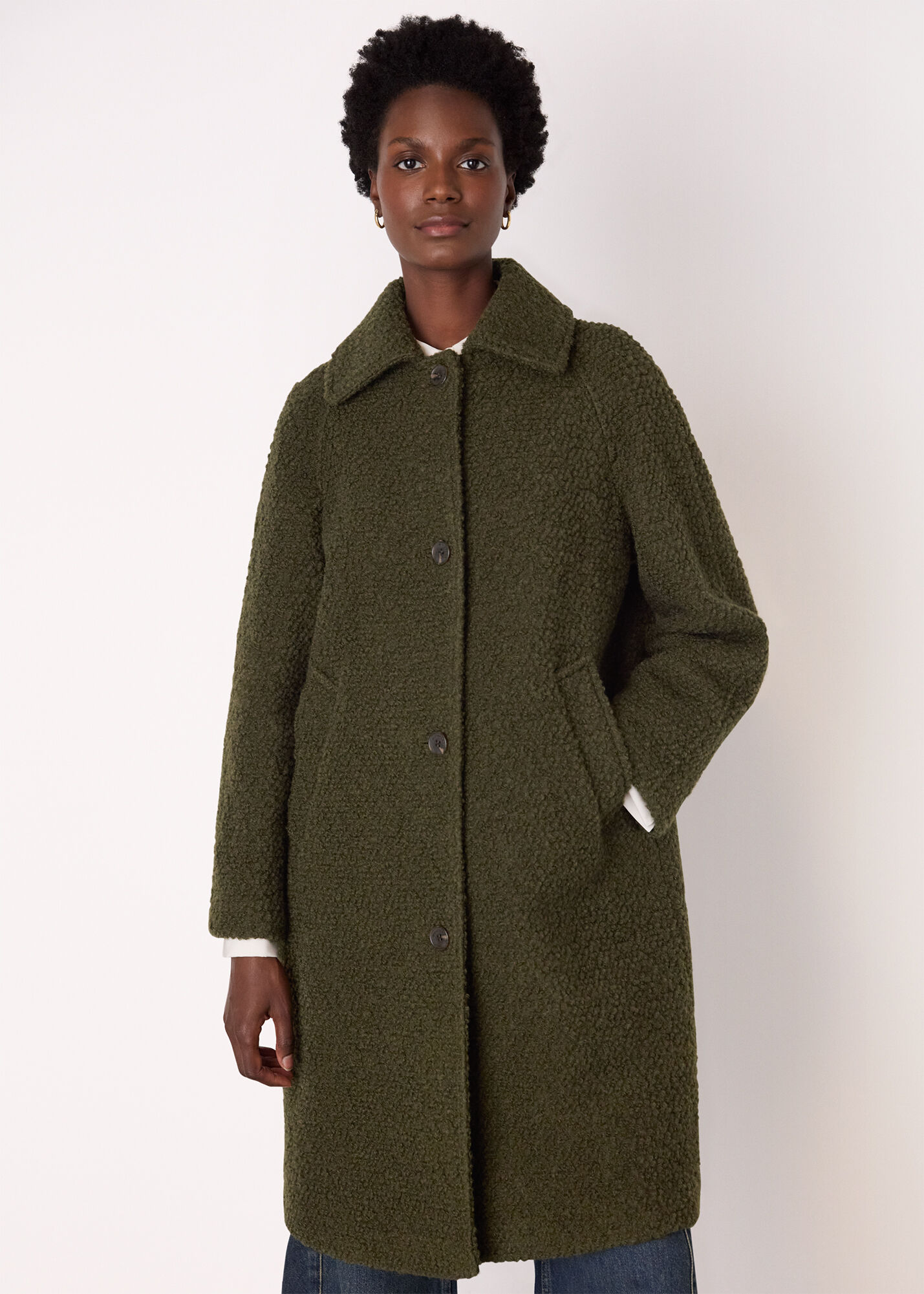 Khaki Romy Boucle Coat | WHISTLES | Whistles US |