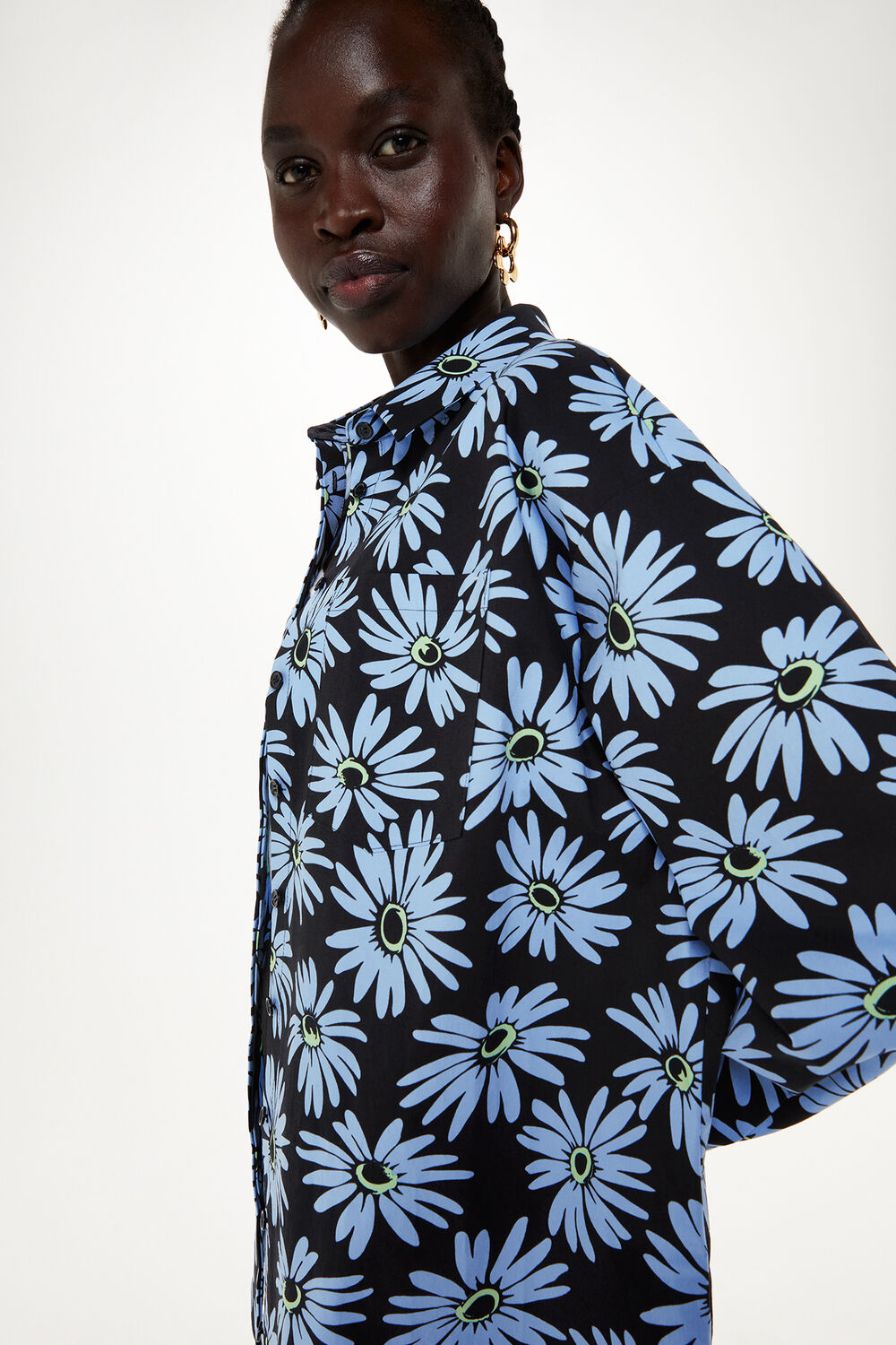 Blue Daisy Print Oversized Shirt