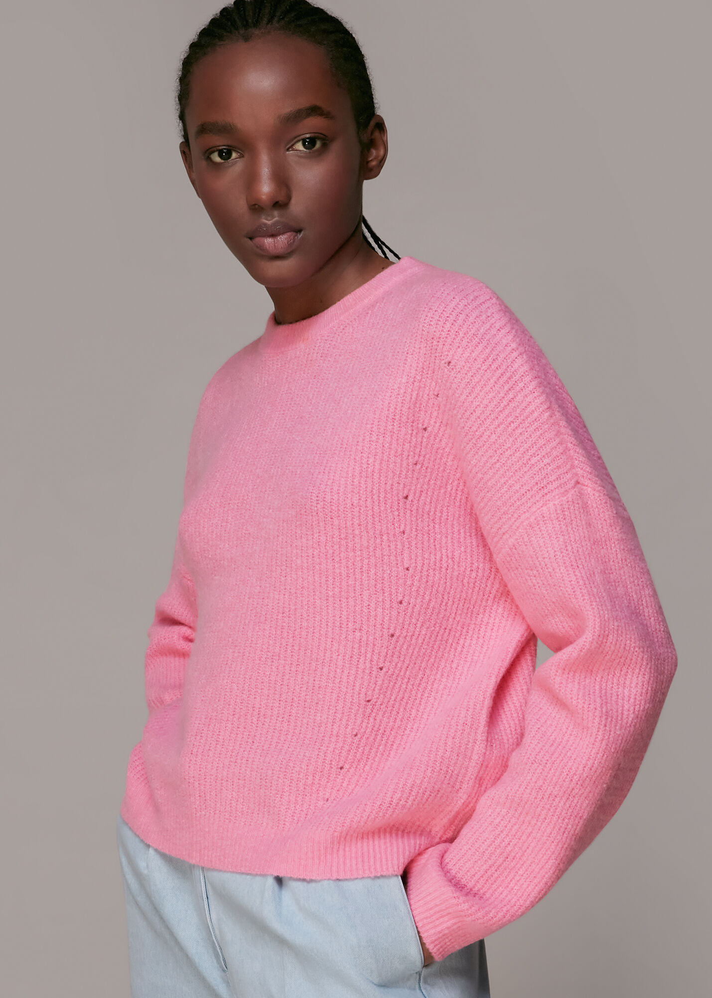 Pink Ribbed Crew Neck Jumper WHISTLES
