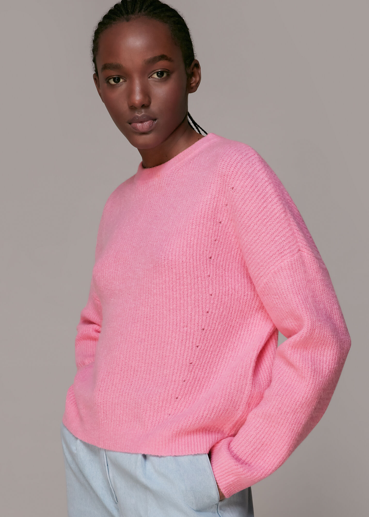 Pink Ribbed Crew Neck Jumper | WHISTLES