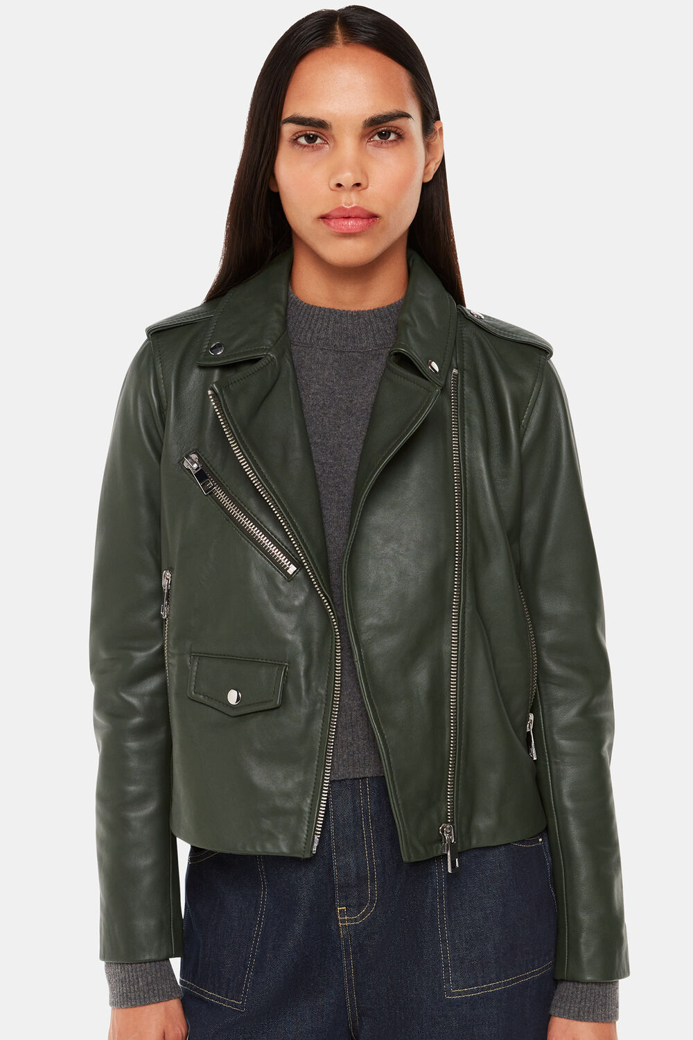 Dark Green Agnes Pocket Leather Jacket